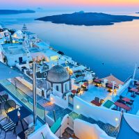 Evening in Santorini - Thira town and Aegean sea at sundown, Greece - Landscape
